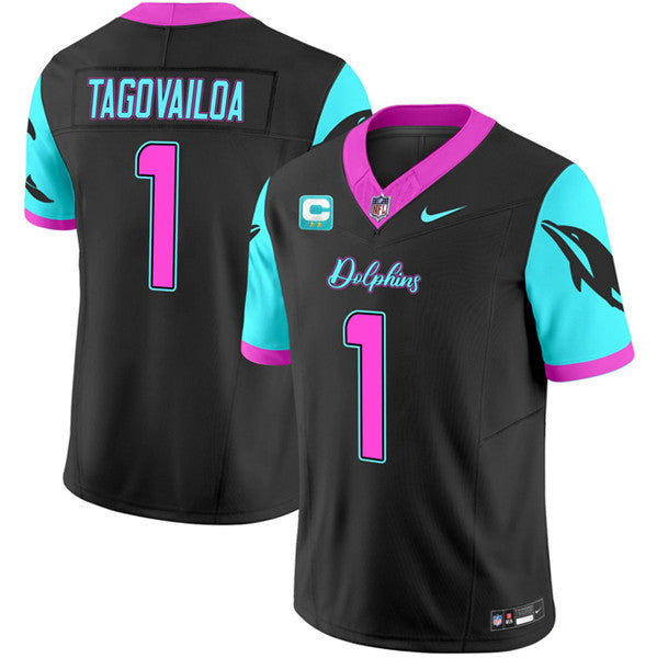 Miami Dolphins #1 Tua Tagovailoa Black FUSE With 2-star C Patch Miami Vice Jersey