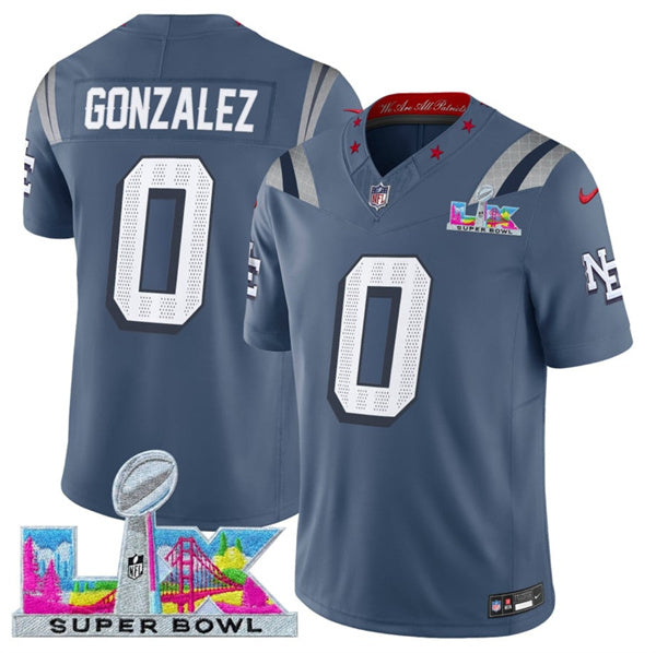 Christian Gonzalez Storm New England Patriots blue Vapor jersey