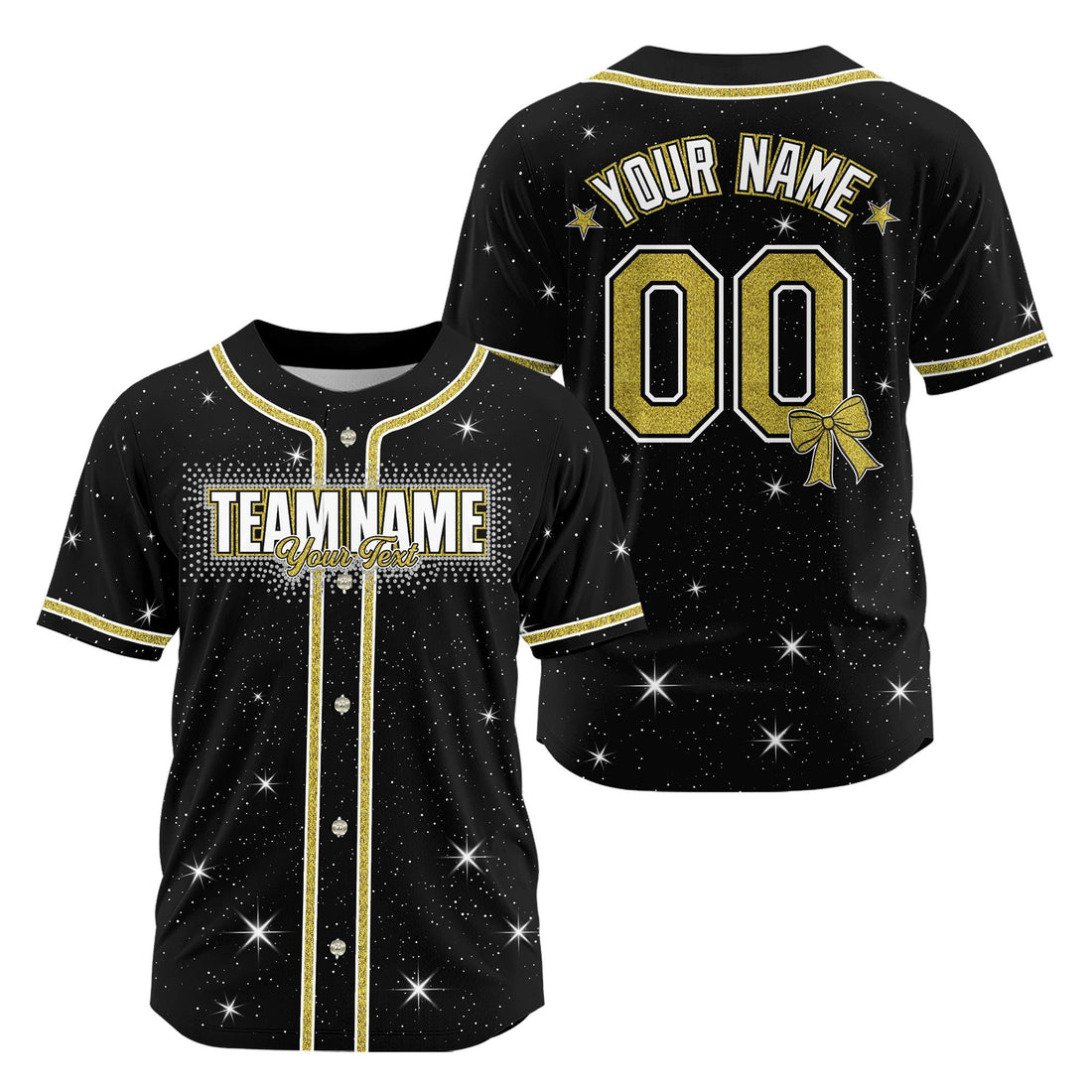 Black and gold cheer sparkle baseball jersey with custom glitter name and number