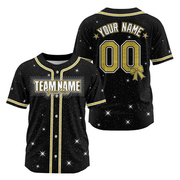 Black and gold cheer sparkle baseball jersey with custom glitter name and number
