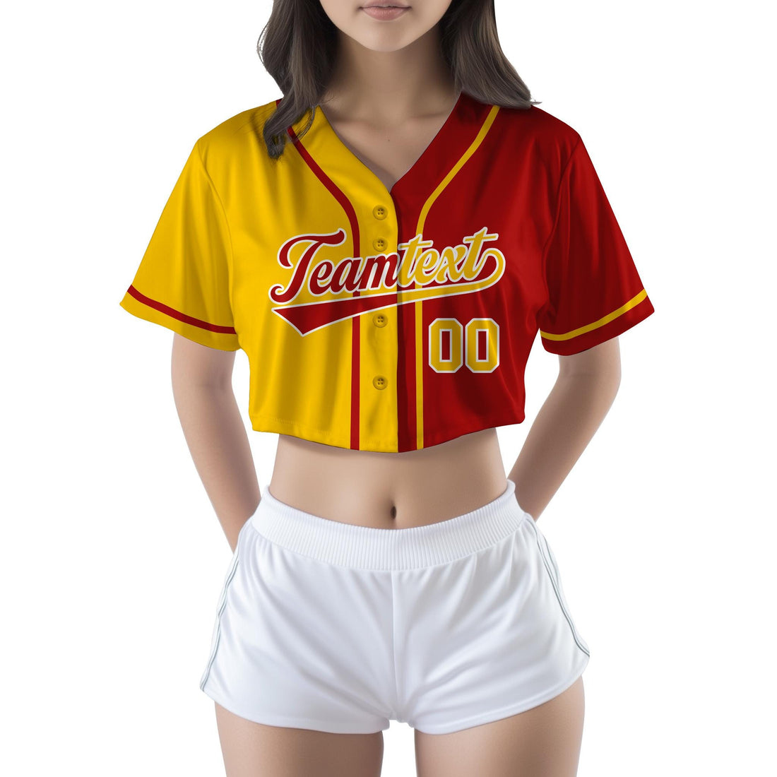 Two-tone split cheerleading crop jersey with custom team name and number