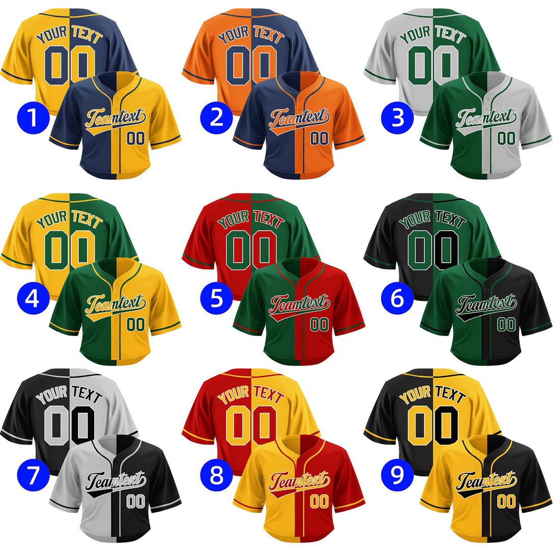 Two-tone split cheerleading crop jersey with custom team name and number
