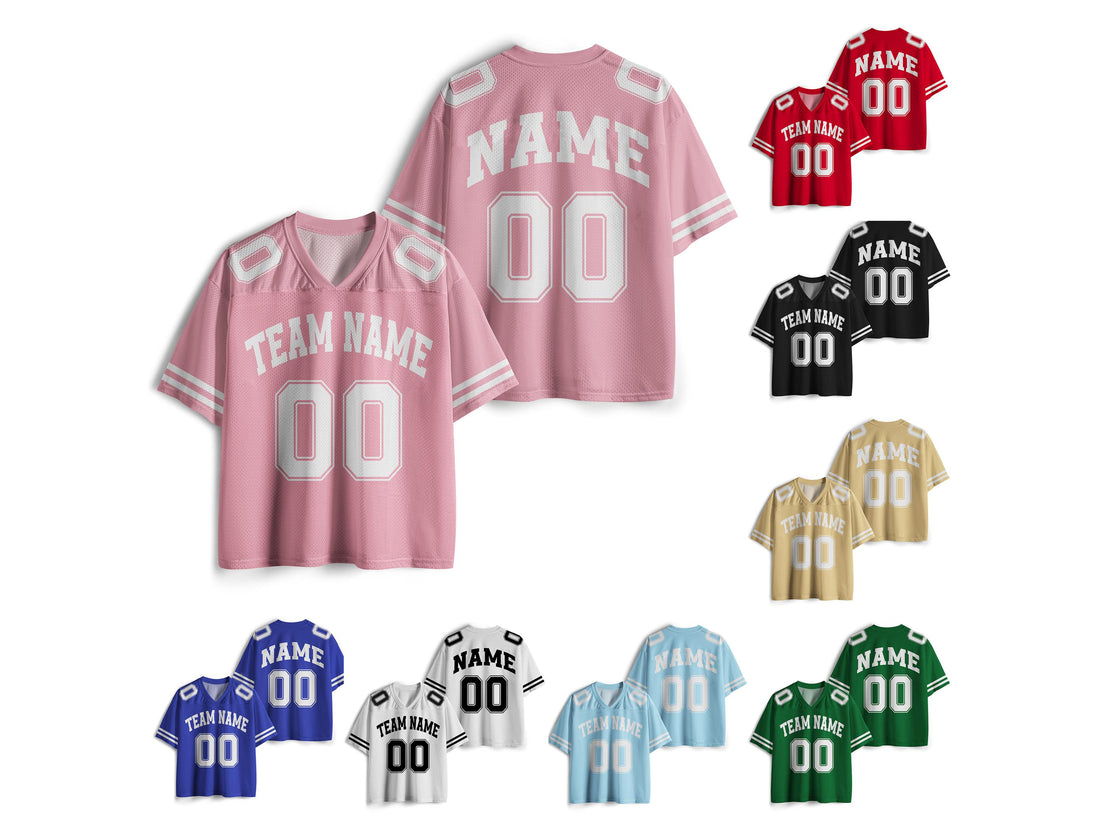 Custom team football jersey in mesh polyester with personalized name and number