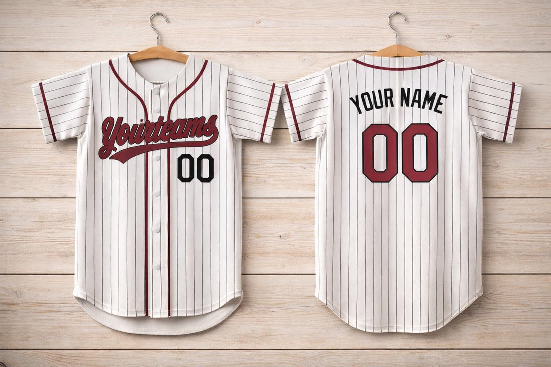 White pinstripe baseball jersey with custom team name and number