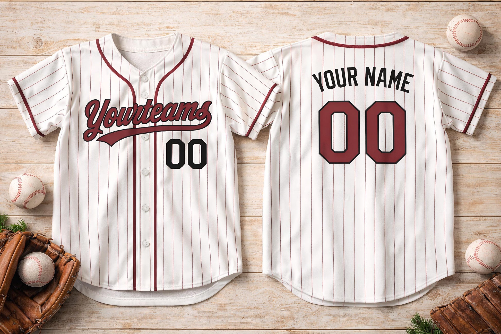 White pinstripe baseball jersey with custom team name and number - photo 3