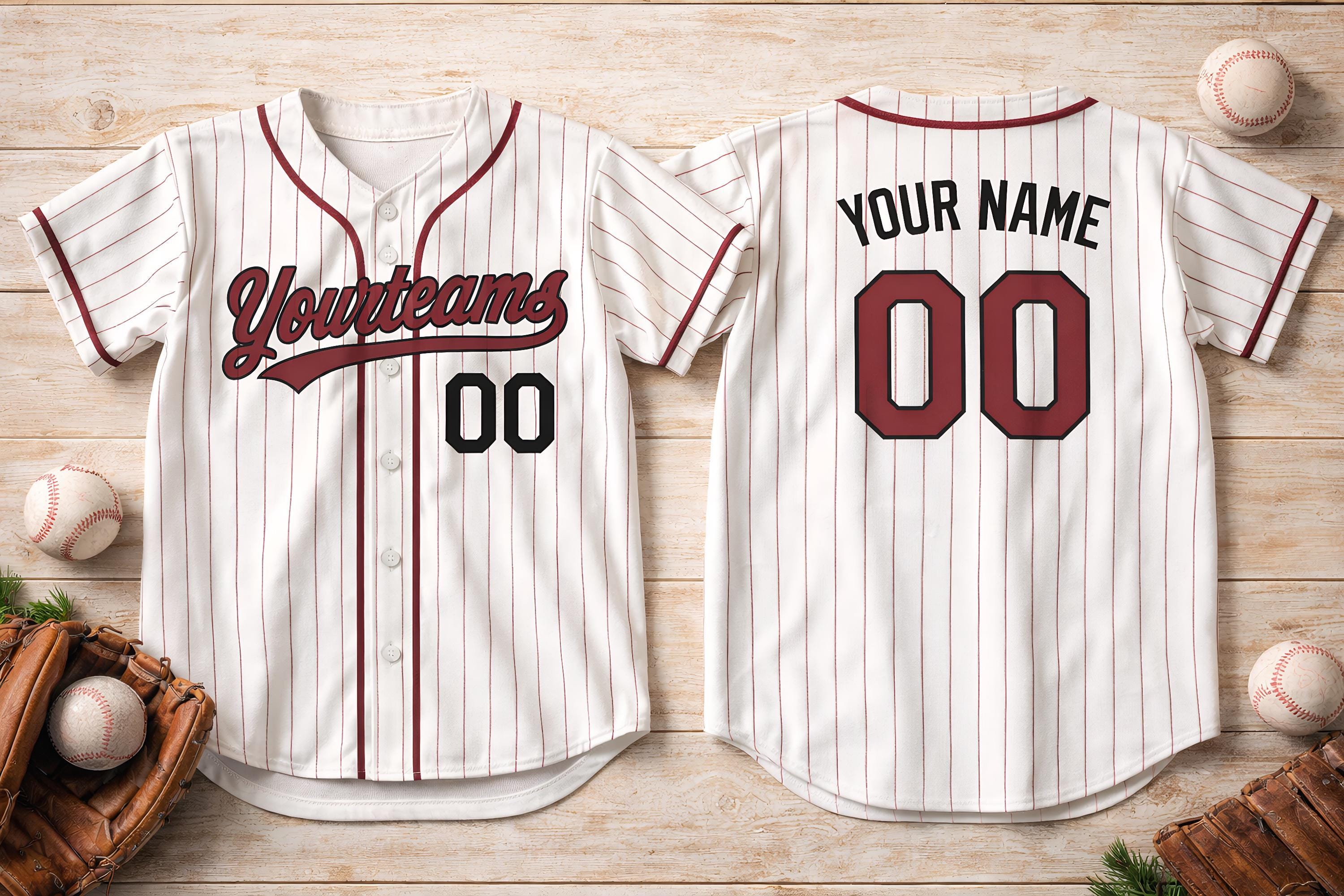 White pinstripe baseball jersey with custom team name and number - photo 3