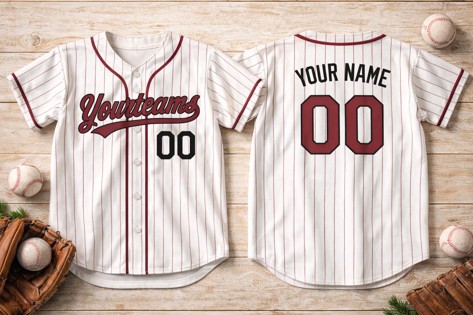 White pinstripe baseball jersey with custom team name and number - photo 5