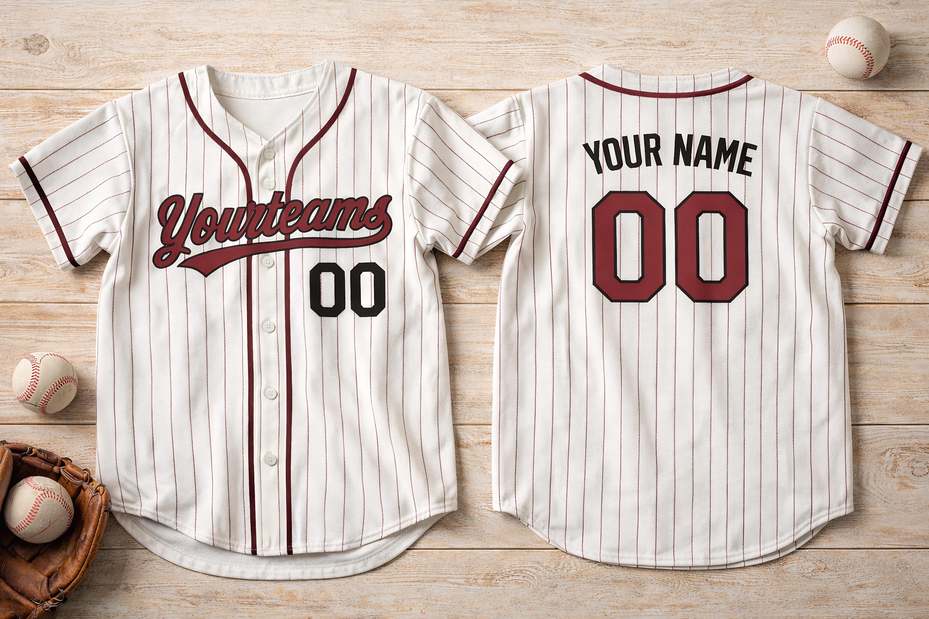 White pinstripe baseball jersey with custom team name and number