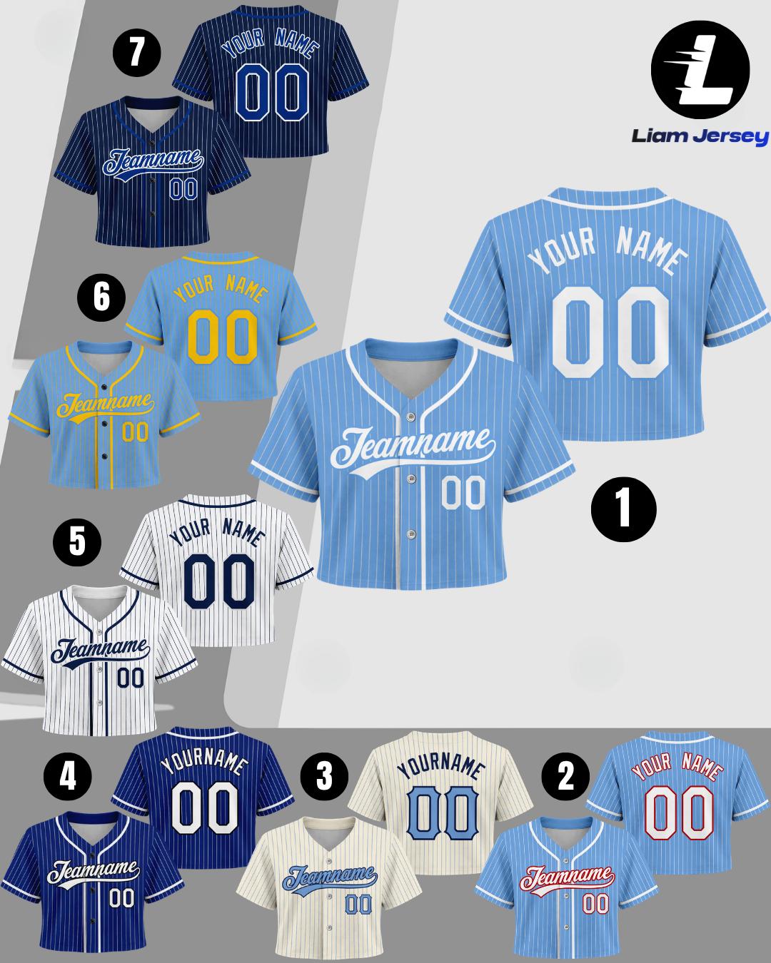 Navy and white pinstripe baseball crop jersey with custom name and number
