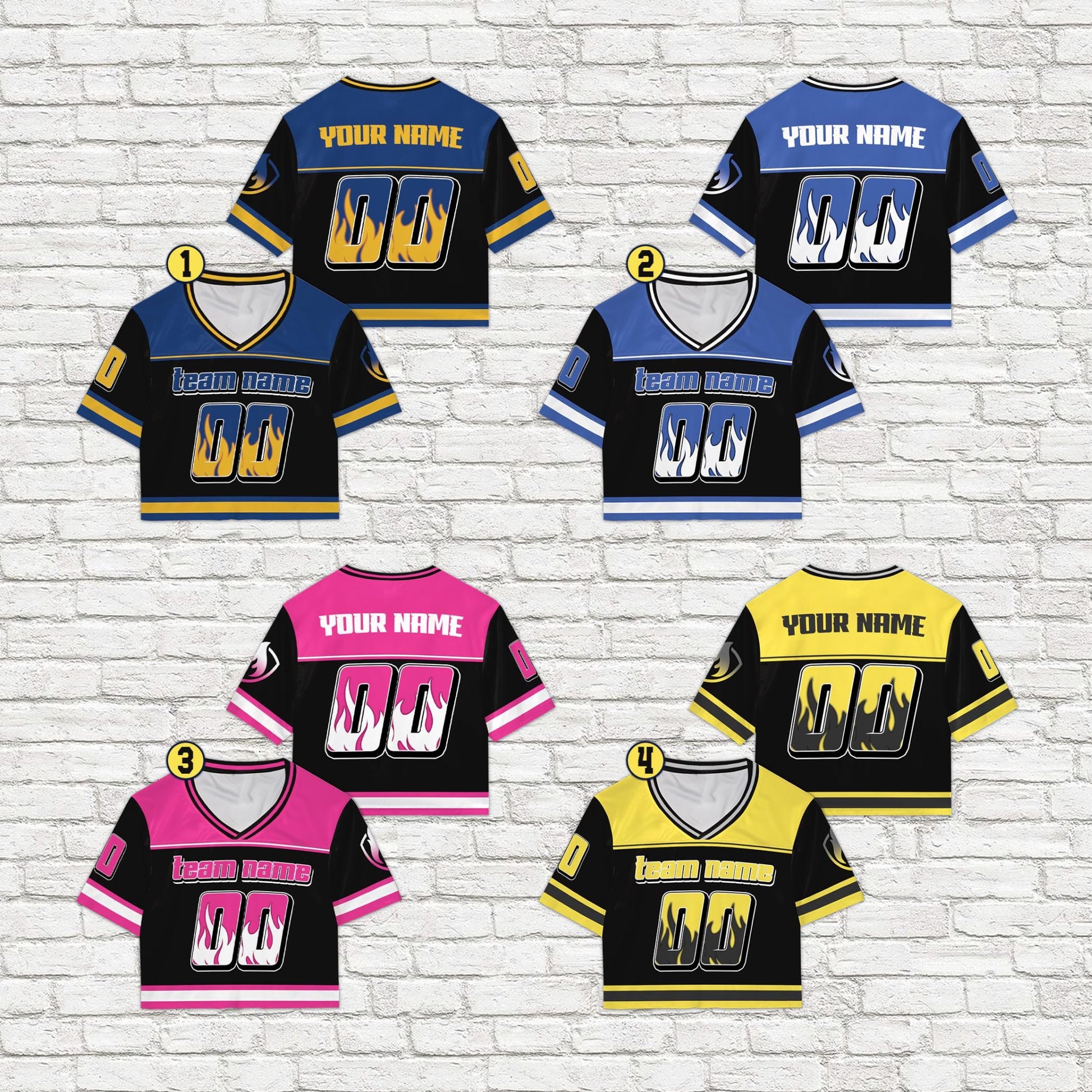 Flame varsity football crop jersey with custom team name and number