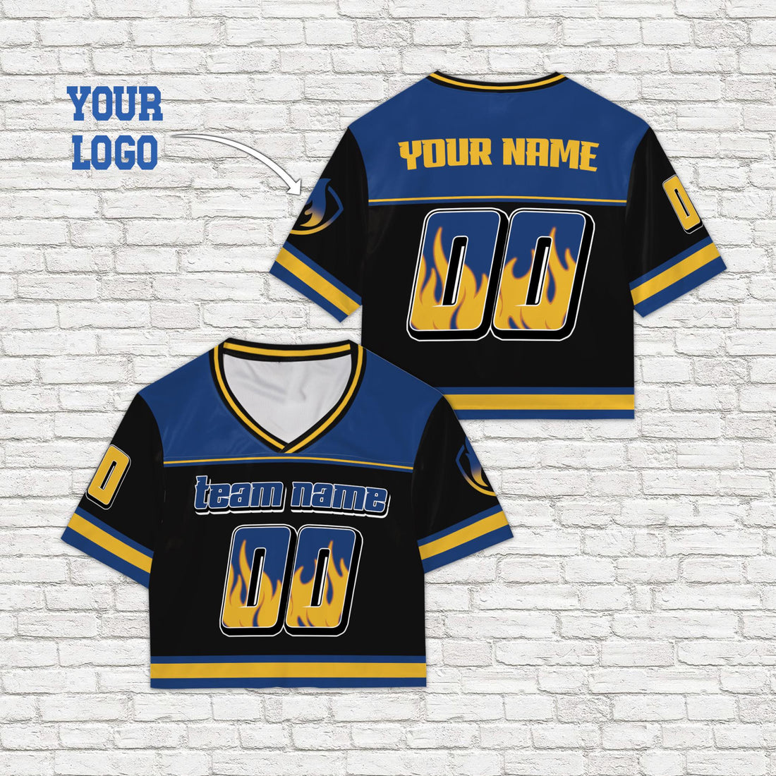 Flame varsity football crop jersey with custom team name and number