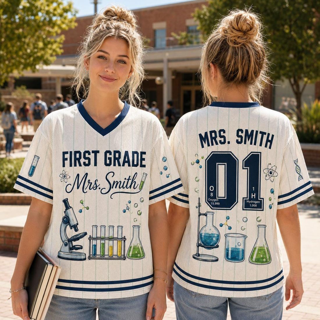 Science teacher retro pinstripe baseball jersey with custom grade name and number