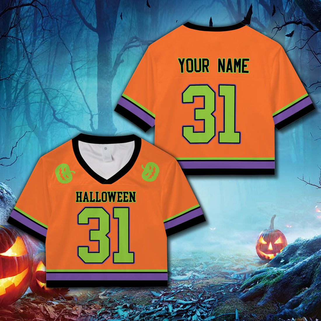 Halloween pumpkin crop top football jersey with custom name and number