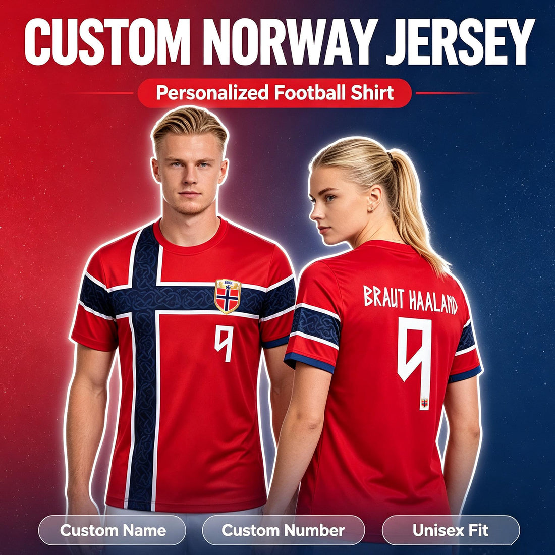 Norway custom soccer jersey with red Nordic cross and personalized name and number
