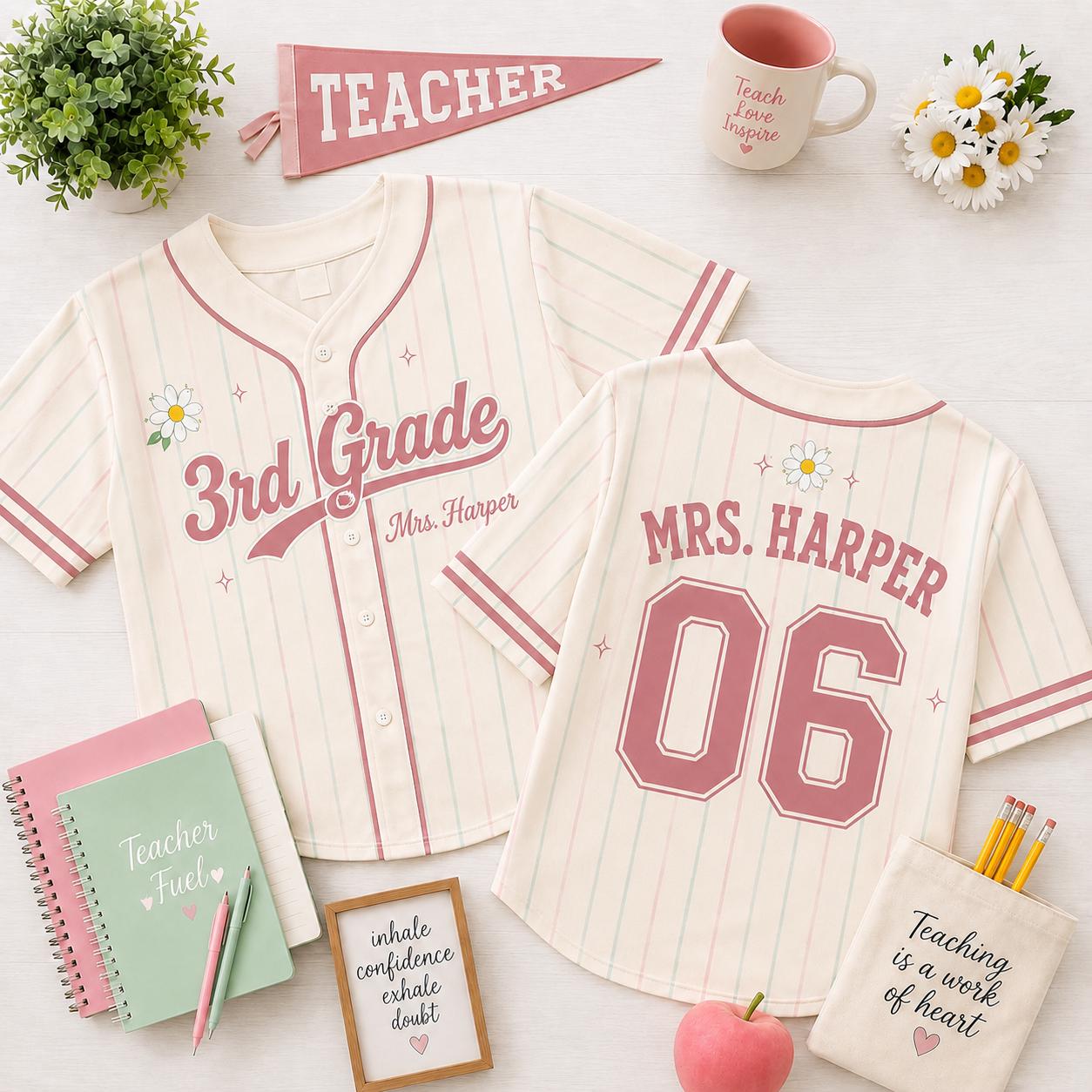 Teacher grade level pinstripe baseball jersey with custom name and number