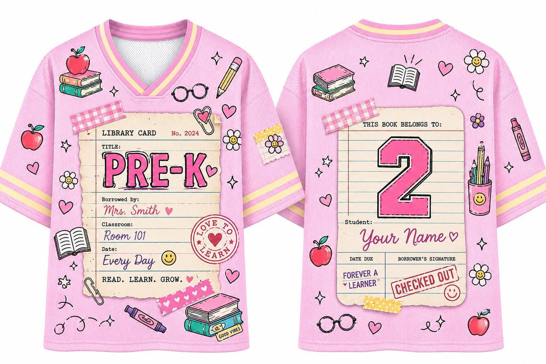 Pre-K teacher mesh football jersey with library card print and custom name and number