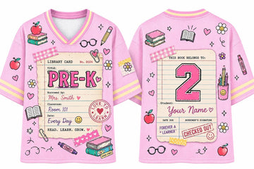 Pre-K teacher mesh football jersey with library card print and custom name and number
