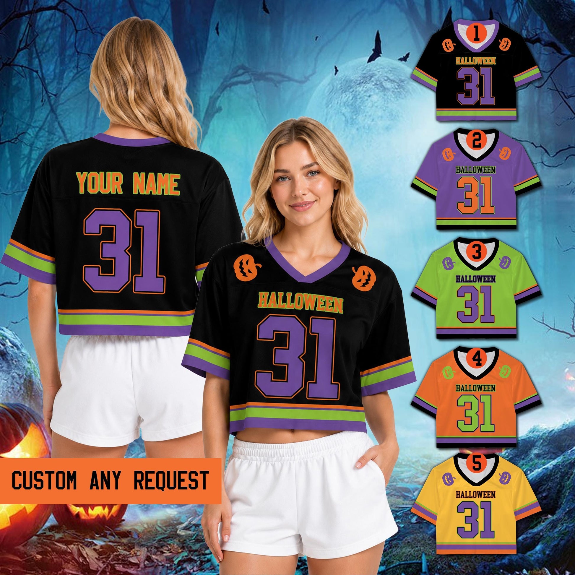 Halloween pumpkin crop top football jersey with custom name and number