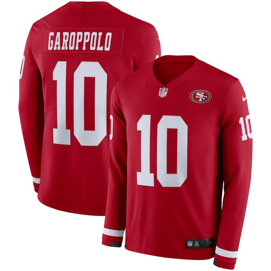 49ers #10 Jimmy Garoppolo Scarlet Therma Long Sleeve Jersey