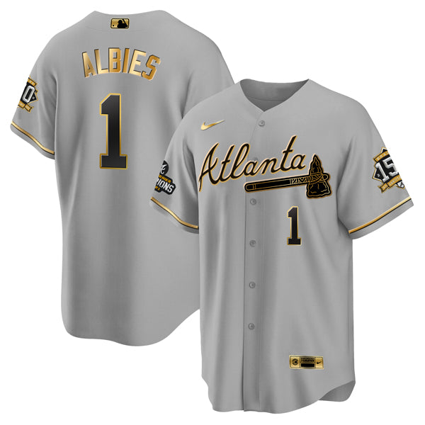 Ozzie Albies Atlanta Braves gray-gold jersey