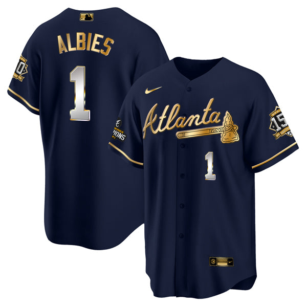 Ozzie Albies Atlanta Braves navy-gold jersey