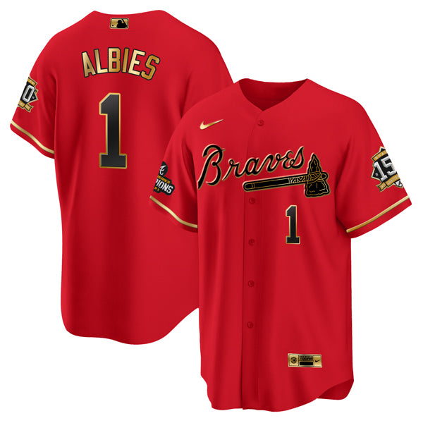 Ozzie Albies Atlanta Braves red-gold jersey