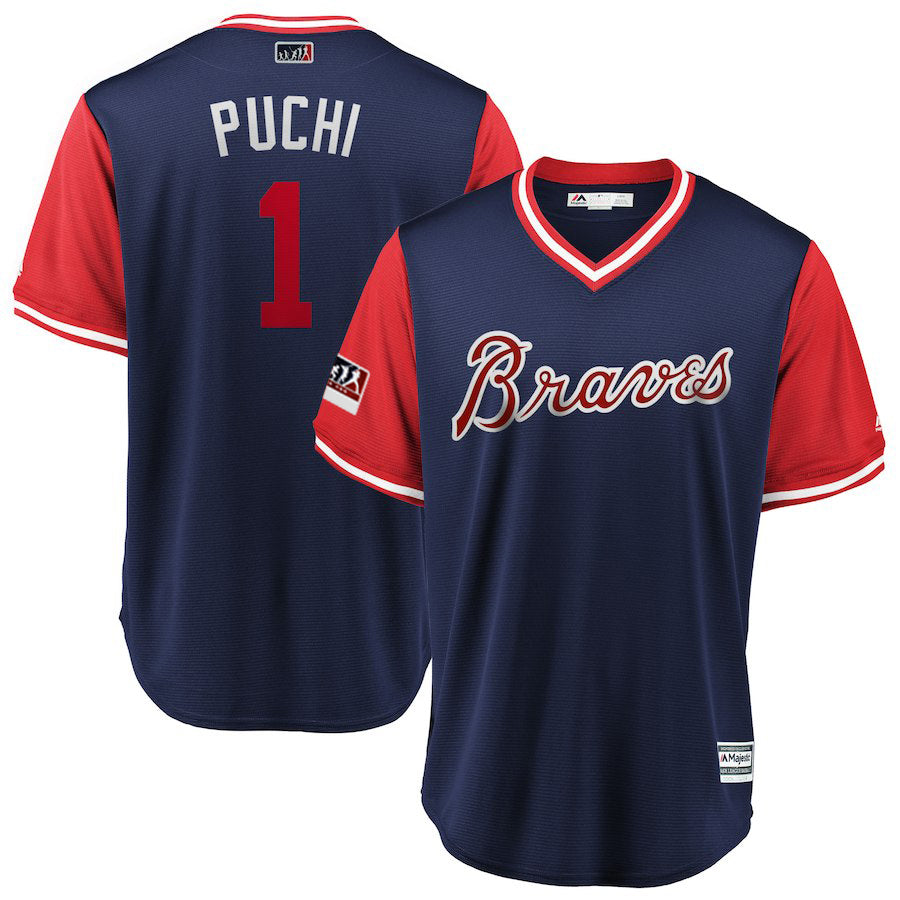Ozzie Albies Puchi Majestic Atlanta Braves navy-red Authentic jersey