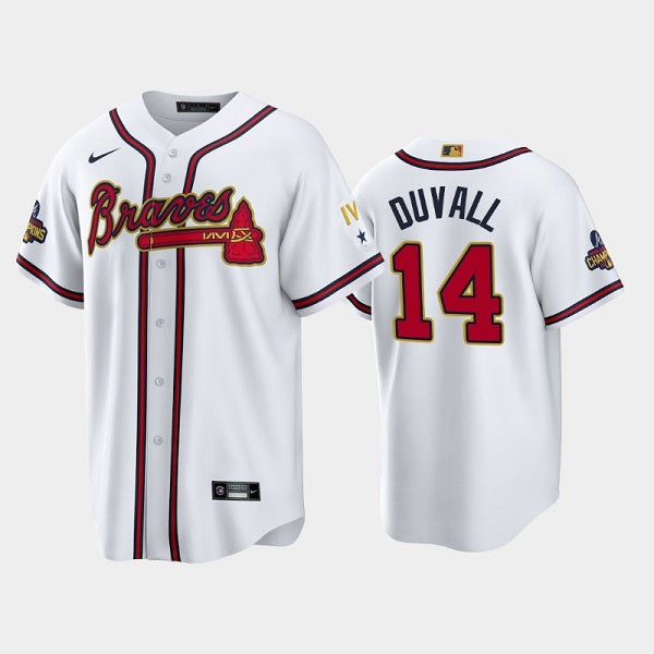 Adam Duvall Atlanta Braves white-gold jersey