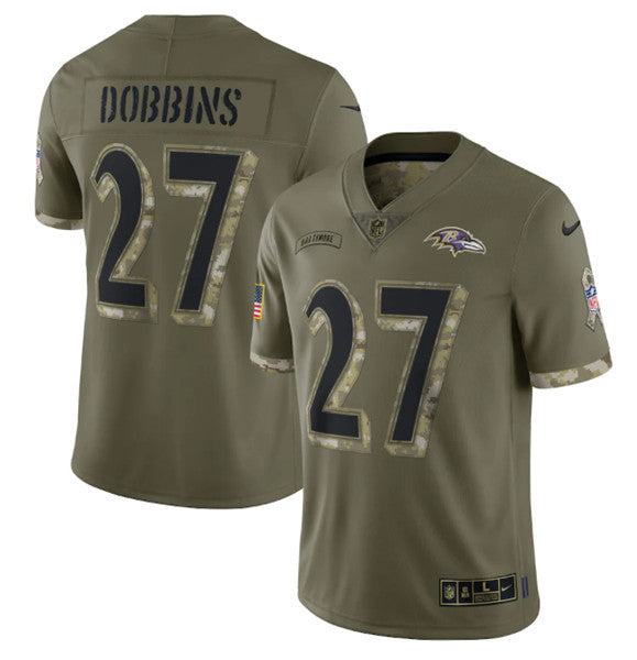 Baltimore Ravens #27 JK Dobbins 2022 Olive Salute To Service Jersey