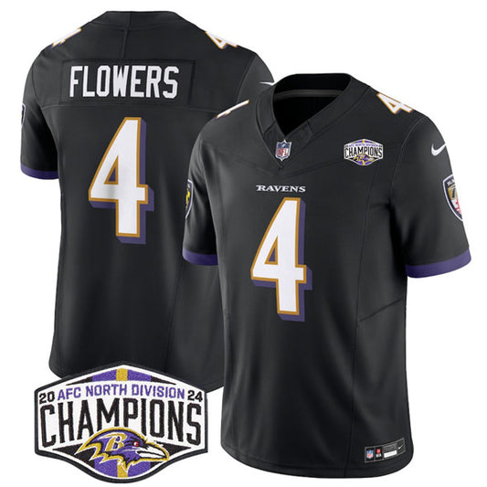 Baltimore Ravens #4 Zay Flowers Black FUSE 2024 AFC North Division Champions Jersey