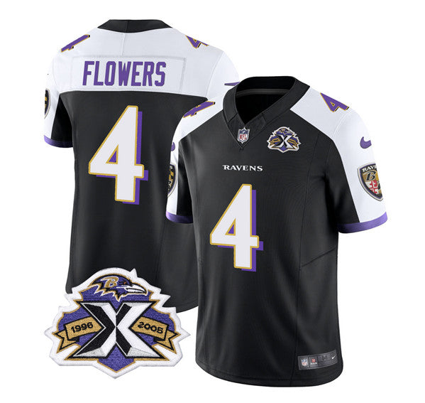 Baltimore Ravens #4 Zay Flowers Black-White 2023 FUSE With Patch Throwback Jersey