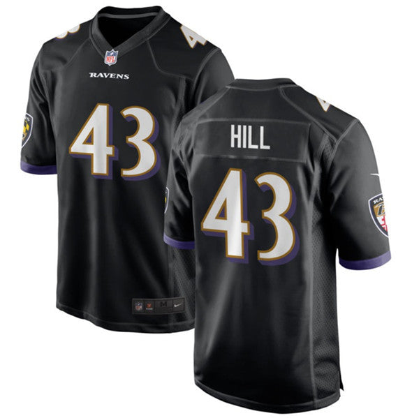 Baltimore Ravens #43 Justice Hill Black Football Game Jersey