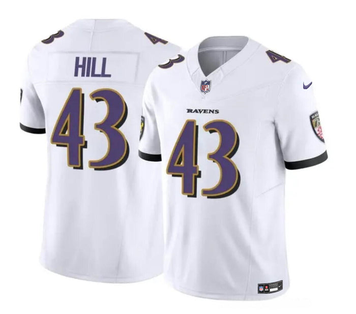 Justice Hill Baltimore Ravens white FUSE jersey