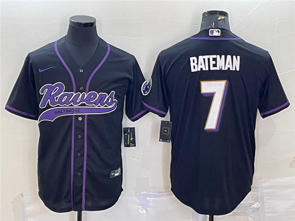Baltimore Ravens #7 Rashod Bateman Black With Patch Baseball Jersey