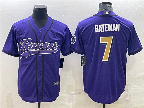 Baltimore Ravens #7 Rashod Bateman Purple Gold With Patch Baseball Jersey