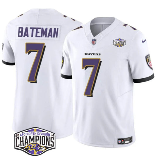 Baltimore Ravens #7 Rashod Bateman White FUSE 2024 AFC North Division Champions Jersey