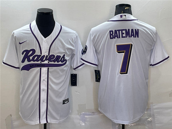 Baltimore Ravens #7 Rashod Bateman White With Patch Baseball Jersey