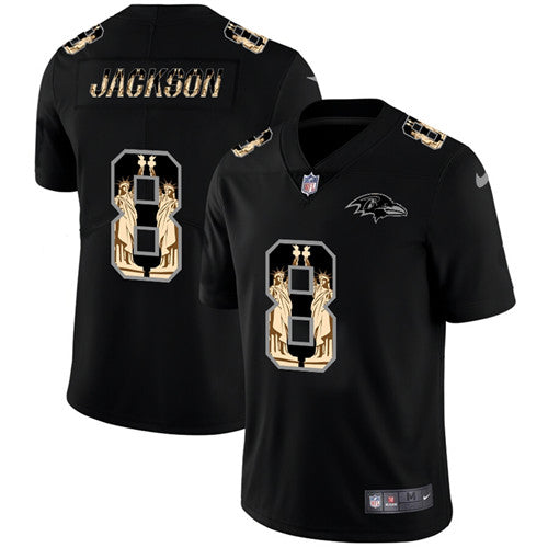 Baltimore Ravens #8 Lamar Jackson 2019 Black Statue Of Liberty Jersey