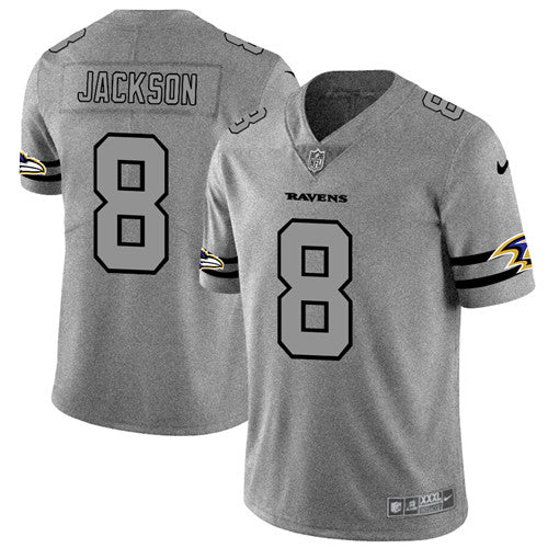 Baltimore Ravens #8 Lamar Jackson 2019 Gray Gridiron Team Logo Jersey