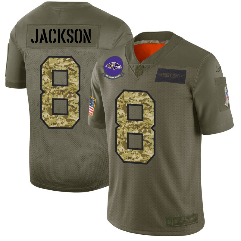 Baltimore Ravens #8 Lamar Jackson 2019 Olive Camo Salute To Service Jersey