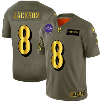 Baltimore Ravens #8 Lamar Jackson 2019 Olive-Gold Salute To Service Jersey