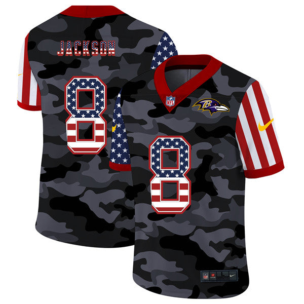 Baltimore Ravens #8 Lamar Jackson 2020 Camo USA Flag Jersey