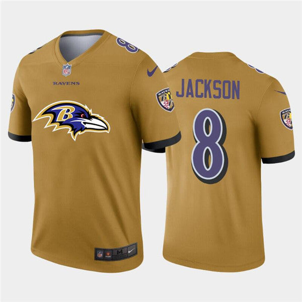 Baltimore Ravens #8 Lamar Jackson 2020 Team Big Logo Gold Jersey