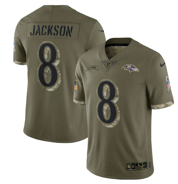 Baltimore Ravens #8 Lamar Jackson 2022 Olive Salute To Service Jersey