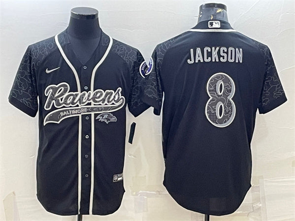 Baltimore Ravens #8 Lamar Jackson Black Reflective With Patch Baseball Jersey