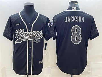 Baltimore Ravens #8 Lamar Jackson Black Reflective With Patch Baseball Jersey