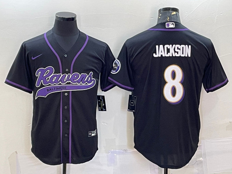 Baltimore Ravens #8 Lamar Jackson Black With Patch Baseball Jersey