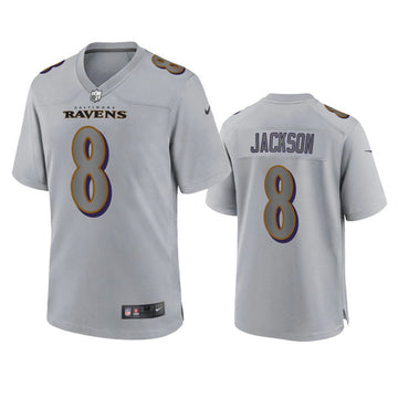 Baltimore Ravens #8 Lamar Jackson Gray Atmosphere Fashion Game Jersey
