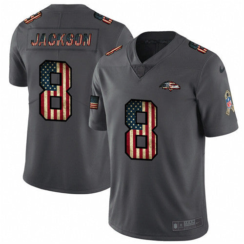 Baltimore Ravens #8 Lamar Jackson Grey 2019 Salute To Service USA Flag Fashion Jersey