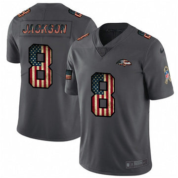 Baltimore Ravens #8 Lamar Jackson Grey 2019 Salute To Service USA Flag Fashion Jersey